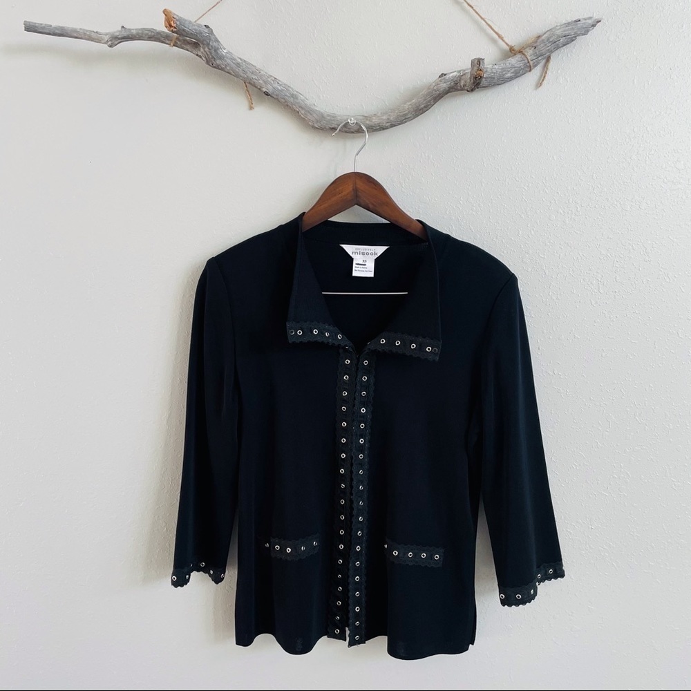 Exclusively Misook Black Lace Trim Knit Cardigan